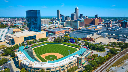Aerial Downtown Indianapolis Skyline and Empty Baseball Stadium
