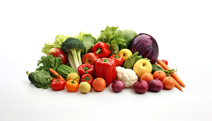 Collection of fresh organic vegetables and fruits on white background.