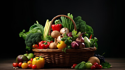 Basket with assortment of fresh organic fruits and vegetables.