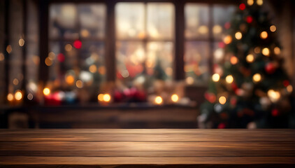Rustic empty wooden table with blurry Christmas tree and fireplace Christmas background with copy...