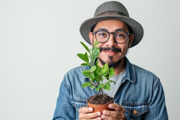 Environmental activist portrait of a Latino man, eco-conscious and dedicated, white background