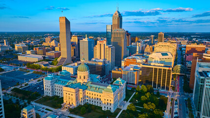 Aerial Golden Hour Glow Over Indianapolis Cityscape