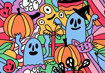 Halloween cartoon doodle seamless pumpkins and ghost pattern for wrapping paper and fabrics and linens