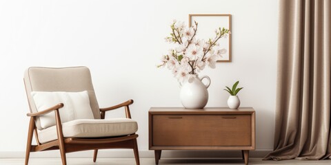 Stylish home staging with Japandi-inspired template for modern living room interior including brown mock up poster frame, retro commode, vintage chair, vase of flowers, and elegant accessories.