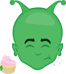 vector illustration face alien or extraterrestrial cartoon eating a cupcake or muffin