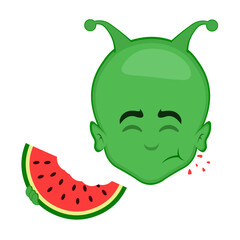 vector illustration face alien or extraterrestrial cartoon eating a watermelon