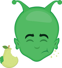 vector illustration face alien, extraterrestrial or martian character cartoon eating a pear