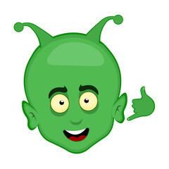 vector illustration head alien or extraterrestrial cartoon happy expression, making a call me by phone or shake gesture with his hand 