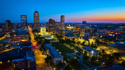 Fototapeta na wymiar Aerial Twilight Cityscape of Indianapolis with Historic Buildings