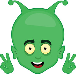vector illustration face alien or extraterrestrial cartoon happy expression with hands making the classic gesture of love and peace or v victory