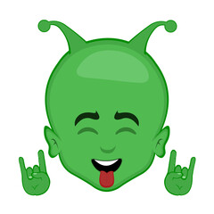 vector illustration face alien or extraterrestrial cartoon making the classic heavy metal gesture with hands and tongue out