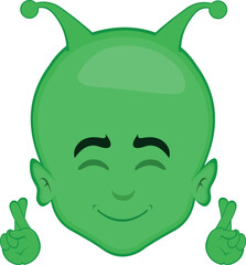 vector illustration face alien, extraterrestrial or martian character cartoon, crossing the fingers of the hands, asking for a wish or good luck