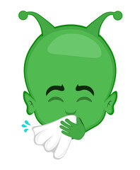 vector illustration face alien, extraterrestrial or martian character cartoon sneezing with a handkerchief on the nose
