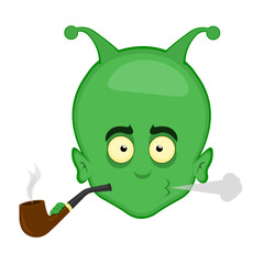 Obraz premium vector illustration face alien, extraterrestrial or goblin cartoon, smoking and exhaling pipe tobacco smoke