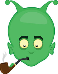 vector illustration face alien, extraterrestrial or goblin cartoon, smoking and inhaling pipe tobacco smoke