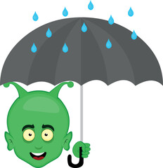 vector illustration face alien, extraterrestrial or martian character cartoon, with an umbrella in his hand and raindrops