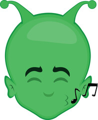 vector illustration face alien or extraterrestrial cartoon whistling with musical notes on the lips