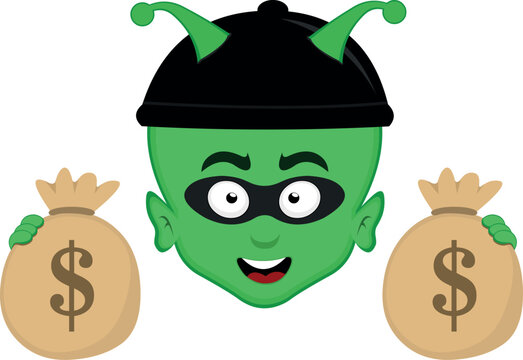 vector illustration face police alien, extraterrestrial or martian character cartoon with thief mask and some bags of money in the hands