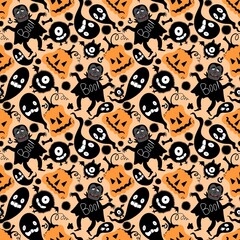 Halloween cartoon doodle seamless vampire and monsters and pumpkins and ghost pattern for wrapping paper