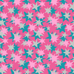Freehand drawn teal, pink and silver stars on pink background seamless vector pattern. Creative colorful texture for printing on textile, wrapping, textile, wallpaper, apparel etc.