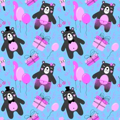 Birthday party cartoon animals seamless bears and balloons and gift pattern for wrapping paper and fabrics