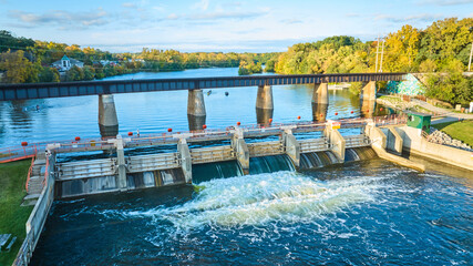 Aerial View of Argo Dam and Railway Bridge on Huron River