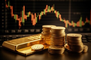 Stacked gold bars, golden coins, stock exchange ambiance, and dynamic stock charts a visual narrative of wealth, finance, and market trends