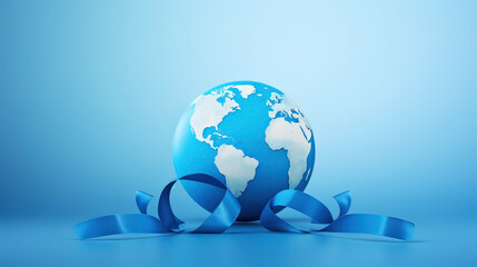 Planet Earth with blue ribbon on blue background as symbol of Healthcare Challenge, rising incidence of diabetes as a worldwide healthcare challenge, importance of prevention