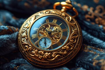 Fototapeta na wymiar Golden pocket watch with intricate design on dark velvet