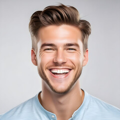 Fototapeta premium A professional portrait studio photo of a handsome young white american man model with perfect clean teeth laughing and smiling. isolated on white background. for ads and web design.