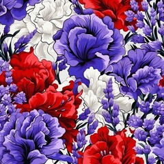 Floral pattern with red and purple wildflowers, botanical illustration, colorful background