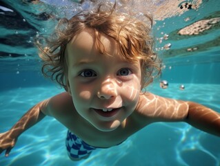 Close-up of the child boy during a swimming lesson or while they are playing in the pool