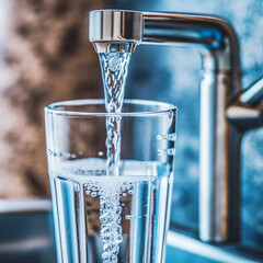 Kristallklares Wasser wird in ein Wasserglas aus dem Wasserhahn gefüllt