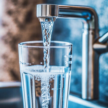 Kristallklares Wasser wird in ein Wasserglas aus dem Wasserhahn gef&uuml;llt
