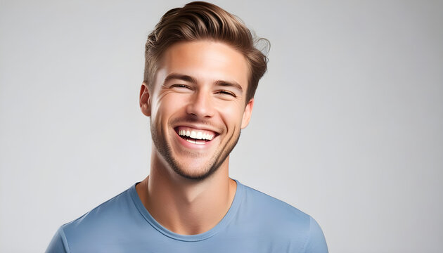 A professional portrait studio photo of a handsome young white american man model with perfect clean teeth laughing and smiling. isolated on white background. for ads and web design.