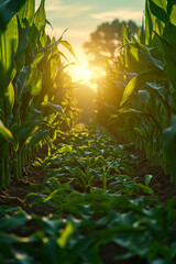  Sunrise over green corn crops, scenic farmland, agricultural produce, nature, farming, freshness