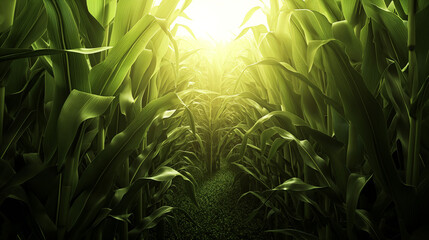 Sun rising over dense cornfield, green crops, agricultural scene, farming life, natural landscape. - obrazy, fototapety, plakaty