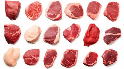 Assorted raw steaks set   top view of various meat cuts, isolated on a white background