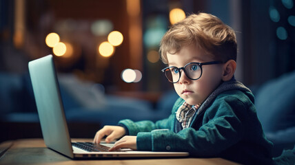 Child toddler boy sitting at a computer.Technology Learning opportunities. Digital Literacy from a young age.Children are the future innovators and technologists