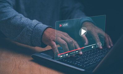 Businessman watching live multimedia video content streaming for online business. Video streaming on internet concept, Live digital stream multimedia player, Marketing technology and advertising. - obrazy, fototapety, plakaty
