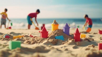 Kids playing in the sand with colorful buckets and shovels, beach vacation with children