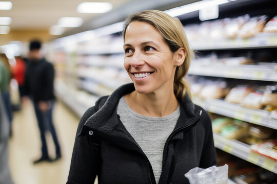 Woman Smiling in Grocery Store Aisle