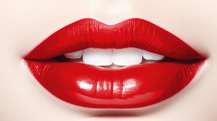 Obraz premium Close-up of lips with a vibrant red lipstick or lip balm