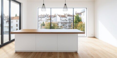 Modern kitchen island in empty room with white walls and window in new apartment.