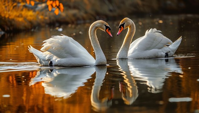 two swans are swimming in the water