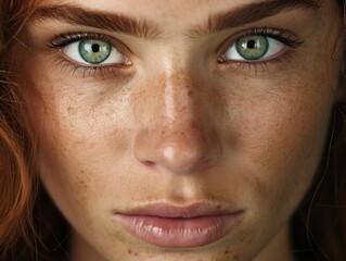 Portrait of a red-haired girl with freckles. Focus on close-ups of women with fierce and determined eyes, challenging stereotypes and prejudices.
