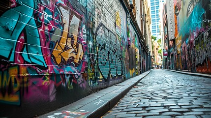 Fototapeta na wymiar a brick street with graffiti on the side of it