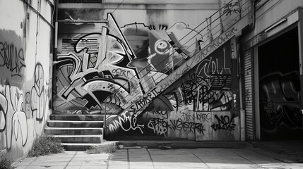 a brick street with graffiti on the side of it - obrazy, fototapety, plakaty