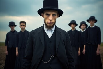 Portrayal of Amish people, traditional lifestyle, close bonds of community, rural simplicity, values of cultural richness, traditions of close-knit family friendly living group. village Country life.