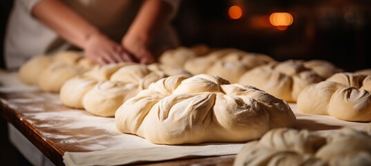 Fototapeta na wymiar Skilled baker kneading dough in bakery for baking bread bright blurred background with copy space